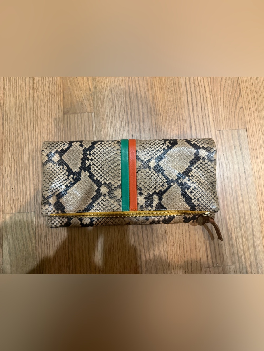 Clare V Python-Print Clutch with Green and Orange Accent